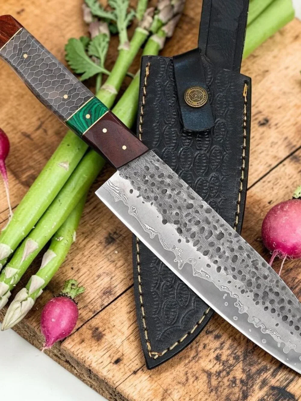 Custom Handmade Kitchen Knife | Damascus Style Steel Blade | Unique Rosewood Han